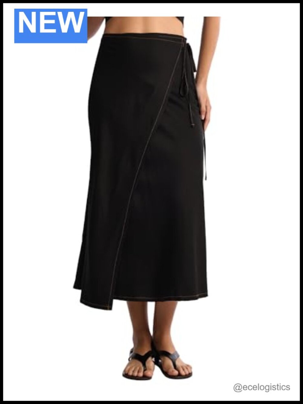 Satin Linen Wrap Midi Skirt with Waist Tie & Slit - Women's Lightweight